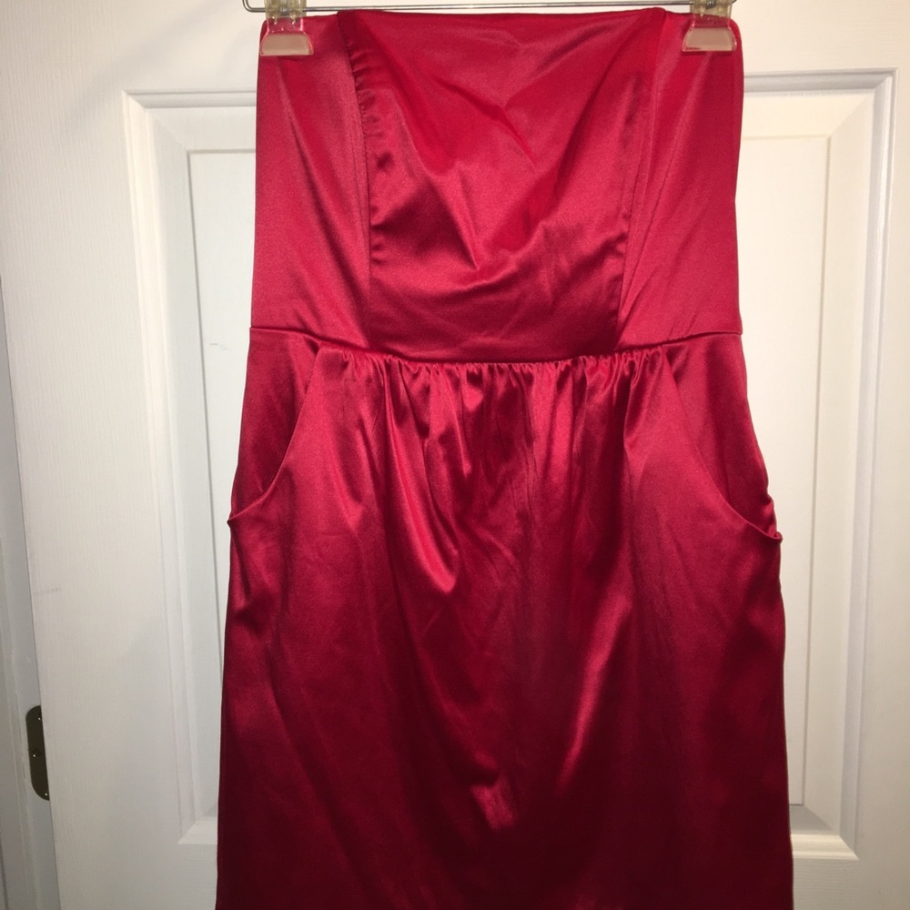 Red satin strapless dress
